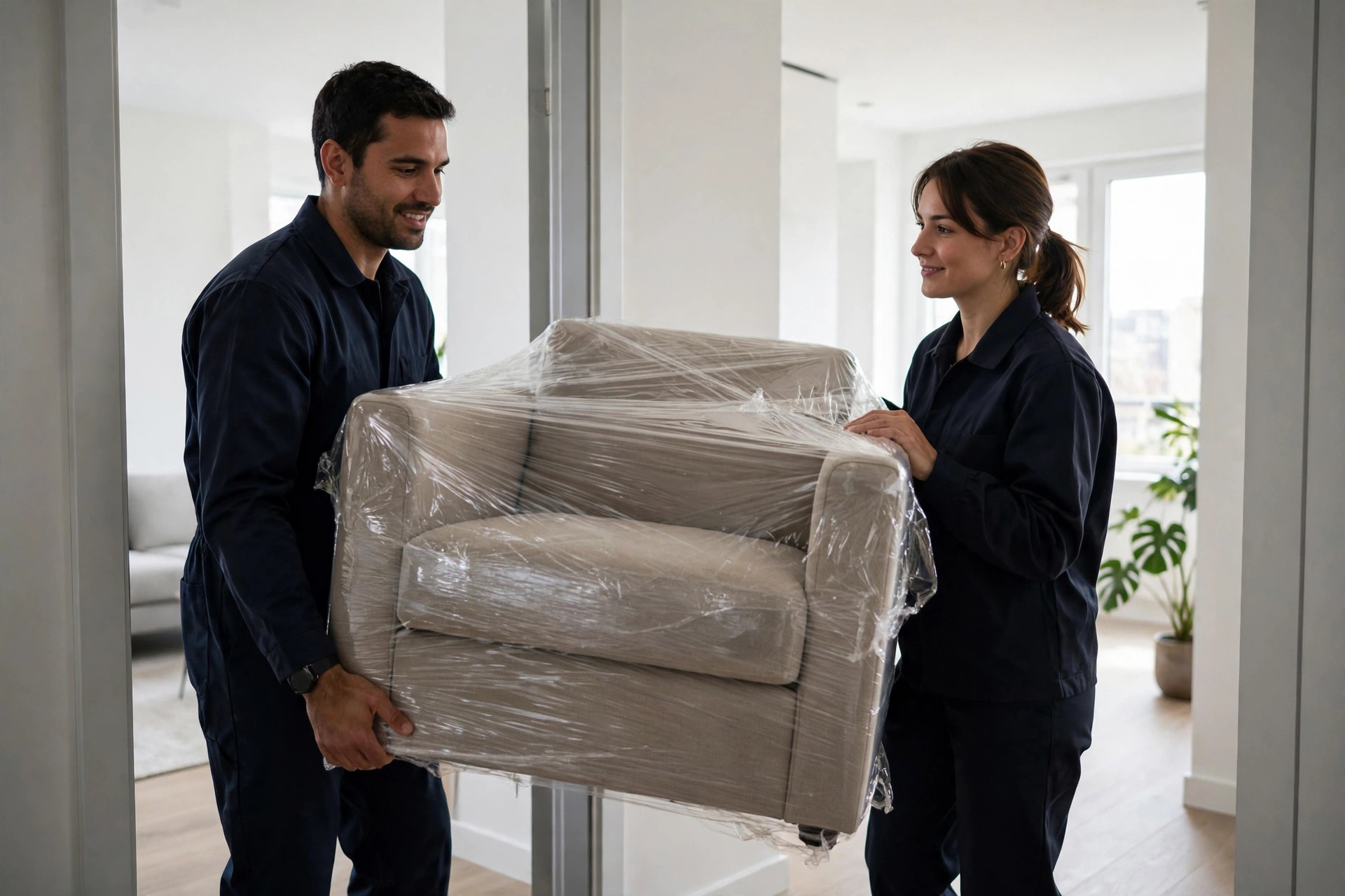 Mass Dispatch movers carrying wrapped furniture