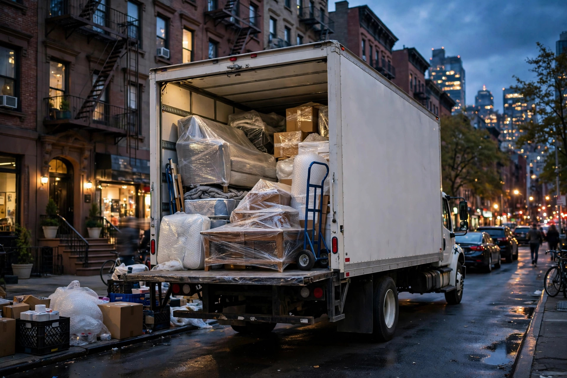 Mass Dispatch truck on a night move in Brooklyn